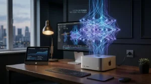 A modern desk setup displaying a Mac desktop with glowing neural network graphics, representing how Apple's new Macs challenge Microsoft and Nvidia on AI costs.