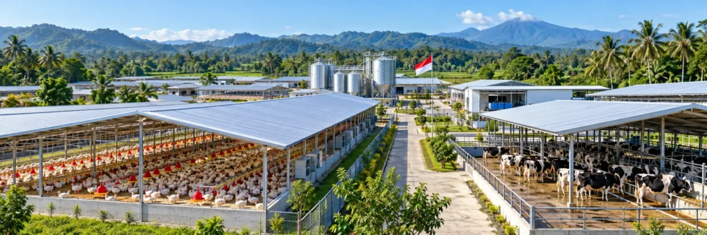 A modern, high-tech industrial livestock farm with large open-air shelters housing poultry on the left and dairy cattle on the right, set against mountains under an Indonesian flag.