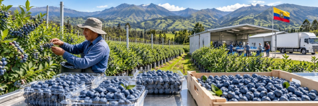 A worker harvesting ripe blueberries in a lush mountain vineyard in Ecuador, with packed plastic containers and a delivery truck in the background.
