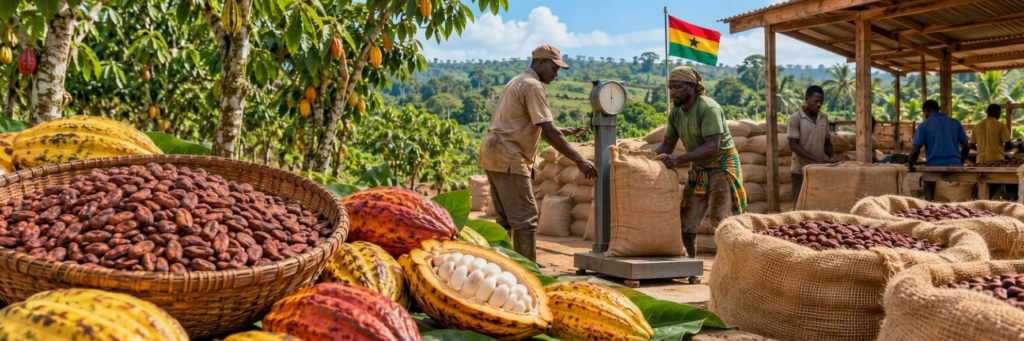 Workers weigh and pack harvested cocoa beans into burlap sacks at an outdoor processing facility in Ghana, surrounded by fresh, colorful cocoa pods.