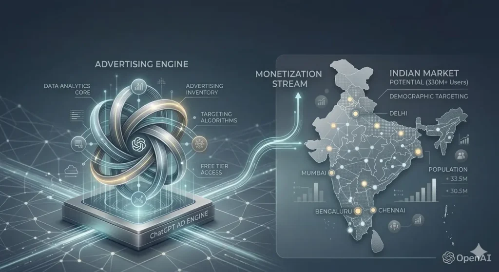Infographic illustrating an OpenAI ChatGPT Ad Engine and monetization stream targeting the Indian market with data analytics and demographic targeting.