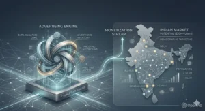 Infographic illustrating an OpenAI ChatGPT Ad Engine and monetization stream targeting the Indian market with data analytics and demographic targeting.