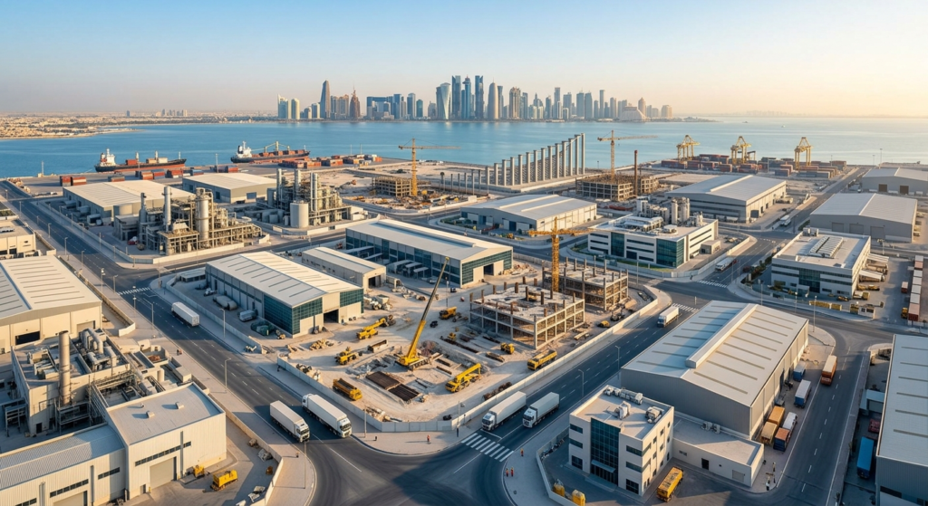 Aerial wide-angle view of a vast industrial port in Qatar and surrounding city skyline across the water.