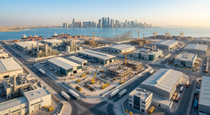 Aerial wide-angle view of a vast industrial port in Qatar and surrounding city skyline across the water.