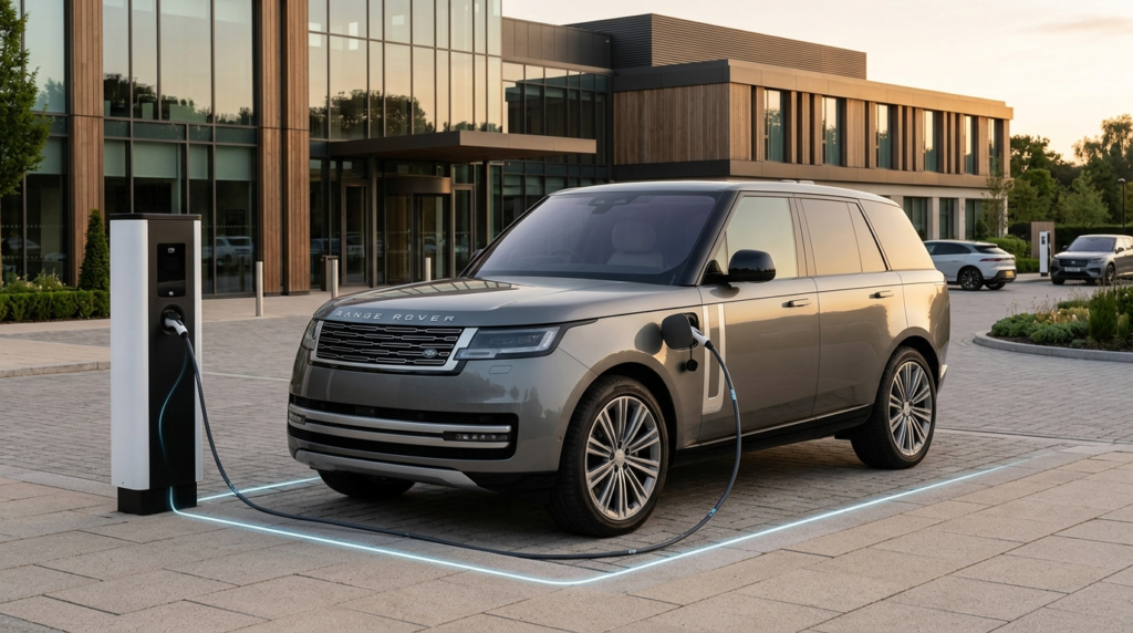 A silver Range Rover SUV is connected to an electric vehicle charging station, parked outside a modern glass-fronted office building.