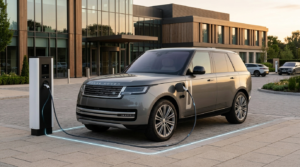 A silver Range Rover SUV is connected to an electric vehicle charging station, parked outside a modern glass-fronted office building.