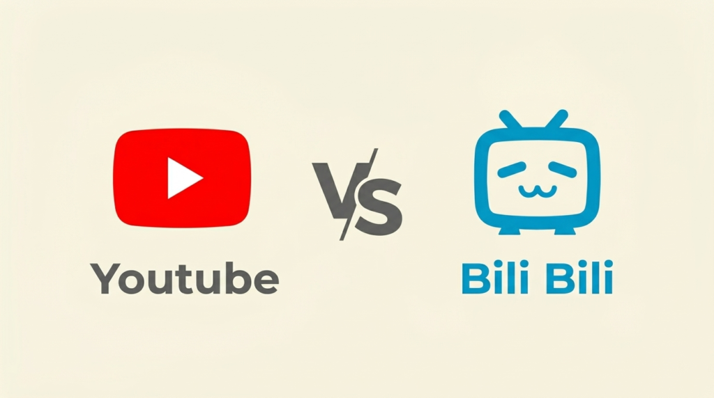 A side-by-side comparison of the red YouTube logo and the blue Bilibili logo with a large grey "Vs" mark in the middle.