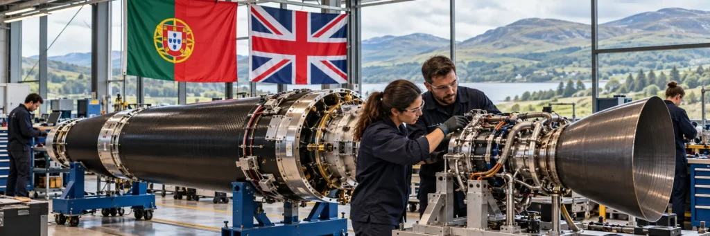 Aerospace engineers assemble a large rocket structure inside a facility flying the flags of Portugal and the United Kingdom.