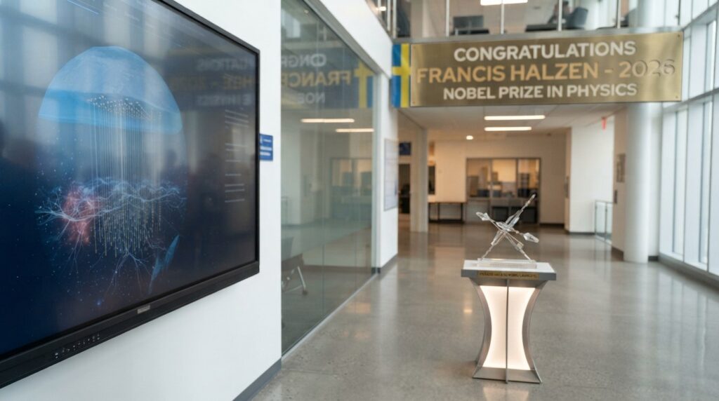 Francis Halzen Nobel Prize in Physics congratulations banner and trophy display in a university hallway.