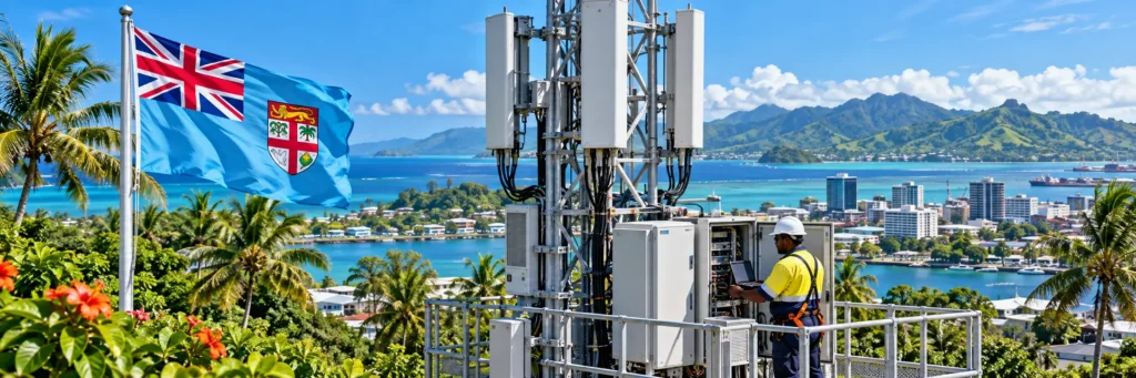 A technician works on a telecommunications cell tower over a coastal town flying the Fijian flag.