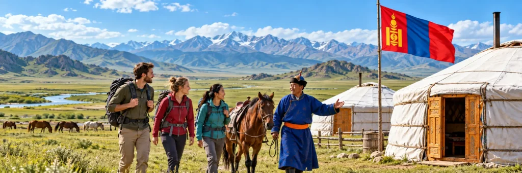 Tourists trek through a scenic valley past traditional yurts and horses under the Mongolian flag.