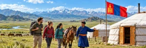 Tourists trek through a scenic valley past traditional yurts and horses under the Mongolian flag.