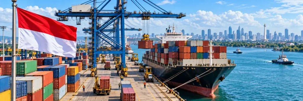 A large container ship loaded with cargo cargo containers at a busy Indonesian shipping port.