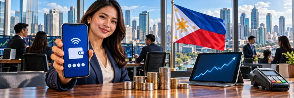 A woman displays a digital mobile wallet app alongside stacks of coins and financial growth charts in the Philippines.
