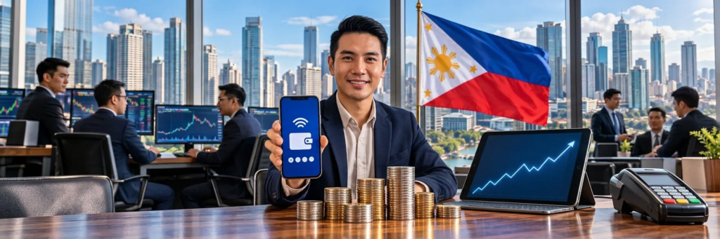 A man displays a digital mobile wallet app alongside stacks of coins and financial growth charts in the Philippines.