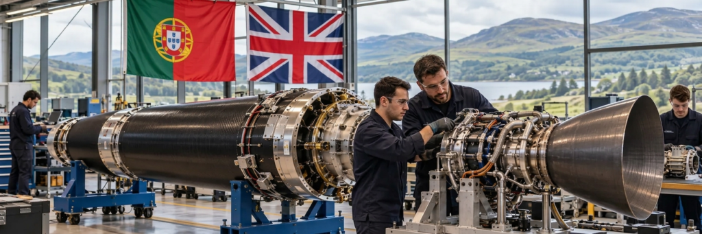 Aerospace engineers assemble a large rocket structure inside a facility flying the flags of Portugal and the United Kingdom.