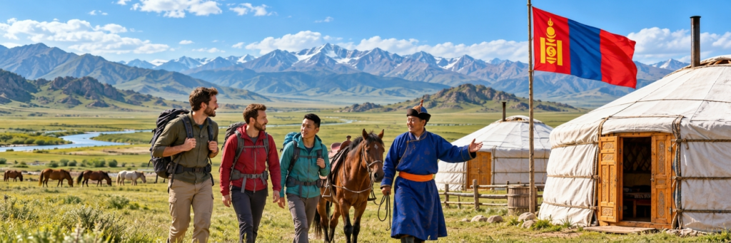 Tourists trek through a scenic valley past traditional yurts and horses under the Mongolian flag.