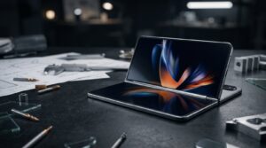 Foldable smartphone half-open on a dark workbench beside engineering drawings and precision tools