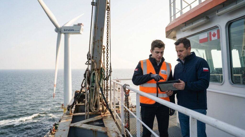 Two engineers on a vessel deck with a Vestas wind turbine at sea at the Baltic Power offshore wind farm.