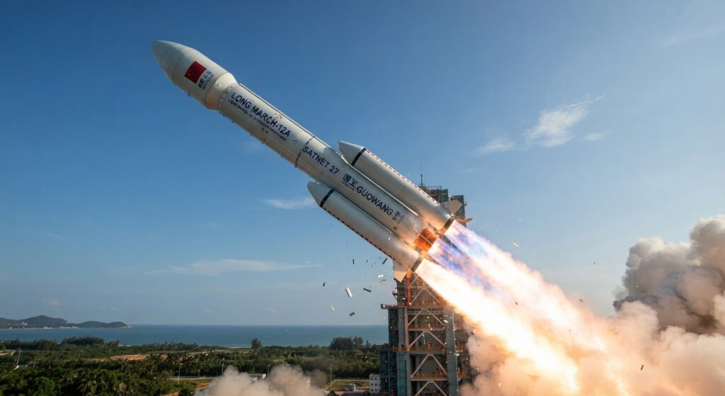 Long March-12A rocket carrying SatNet Guowang internet satellites lifting off from the Wenchang launch tower.