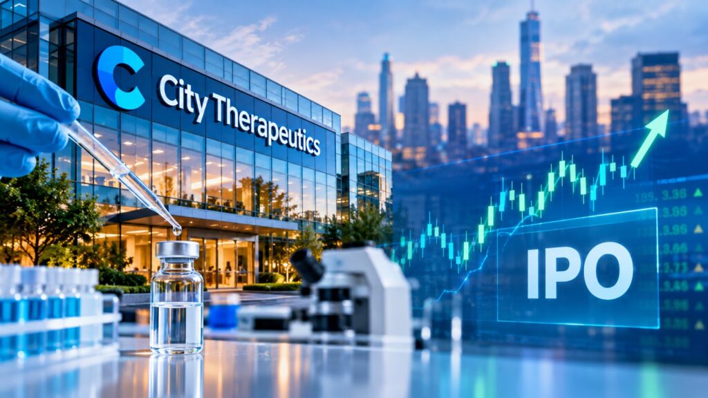City Therapeutics headquarters with a lab pipette and vial beside a rising IPO stock chart over a city skyline