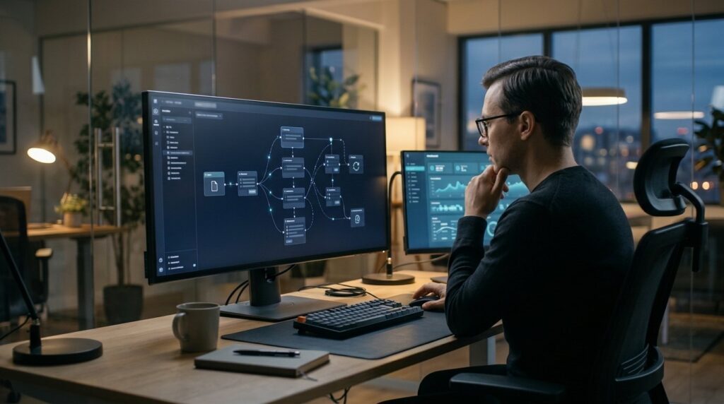 Person at a desk studying an AI agent workflow diagram on a large monitor beside a dashboard screen