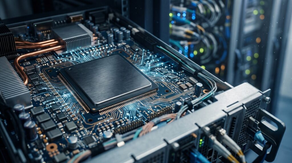 Close-up of an AI server chip on a circuit board inside a data center rack