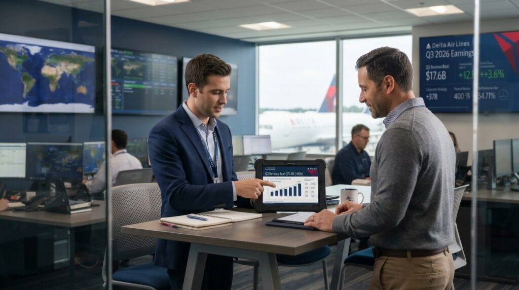 Two analysts review Delta Air Lines Q3 2026 earnings on a tablet in an operations room with a Delta jet outside.