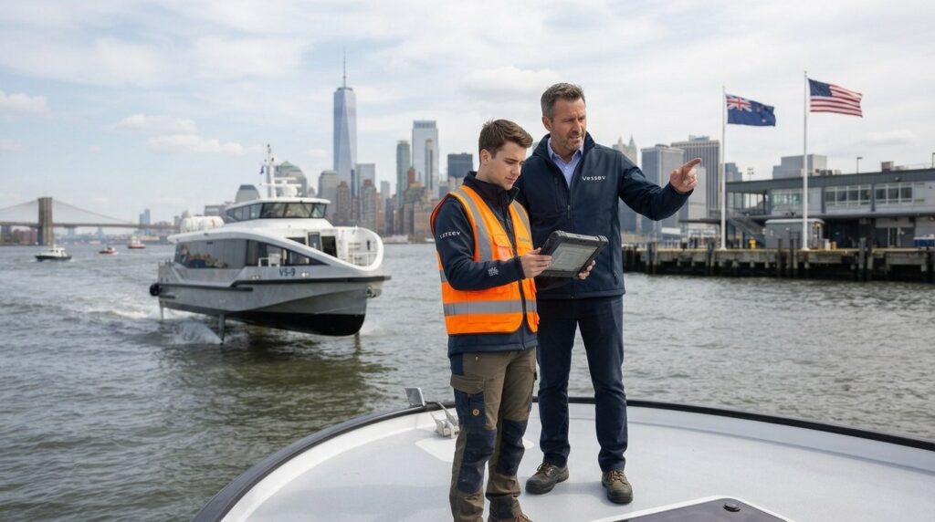 Vessev VS-9 electric hydrofoil ferry on New York's East River with two engineers on deck and the city skyline behind.