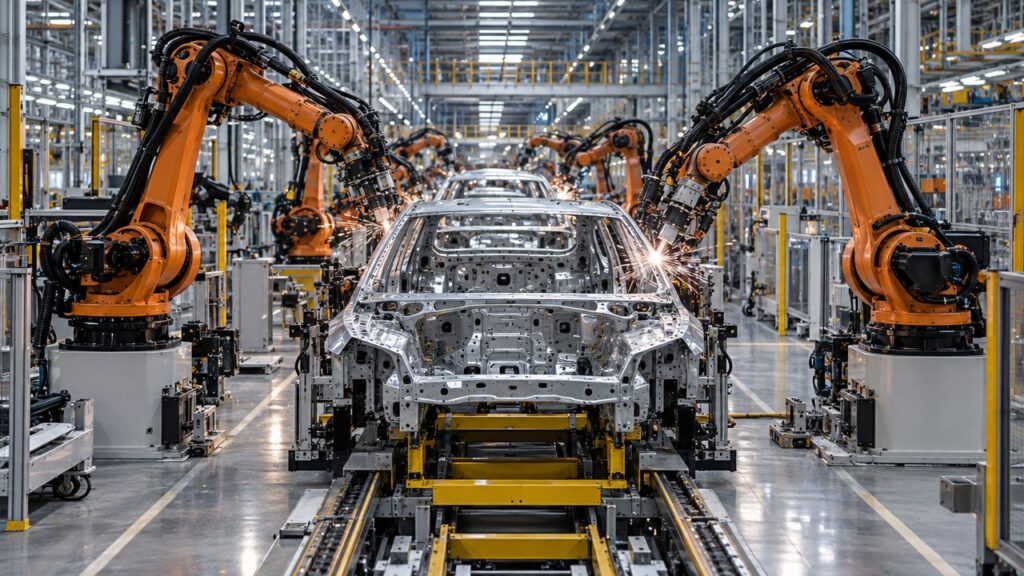Orange robotic arms welding a car body shell on an automated vehicle assembly line.