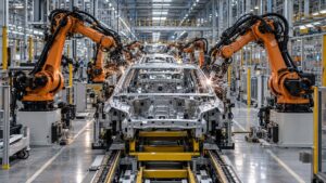 Orange robotic arms welding a car body shell on an automated vehicle assembly line.