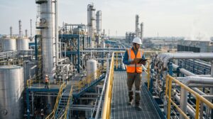 Engineer with a tablet walking a catwalk through a chemical plant with distillation columns and pipework