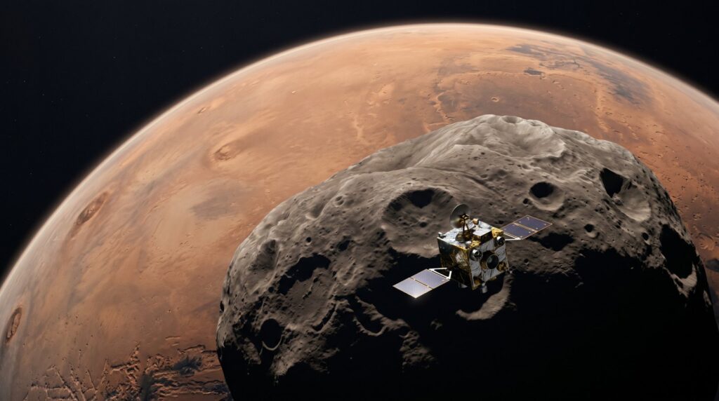 Illustration of a spacecraft orbiting Mars' moon Phobos with the red planet behind it