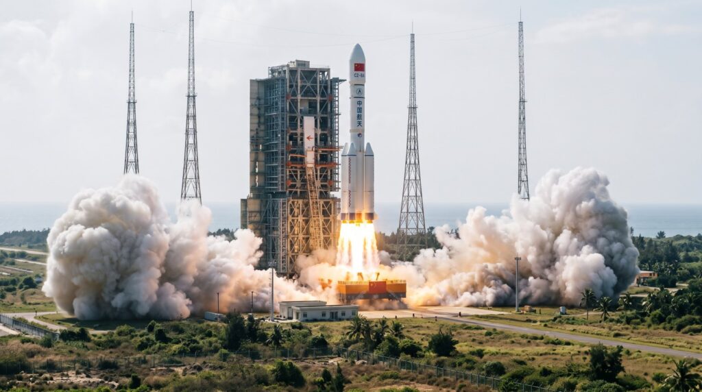 Long March 8A rocket lifting off from a coastal launch tower in clouds of exhaust smoke