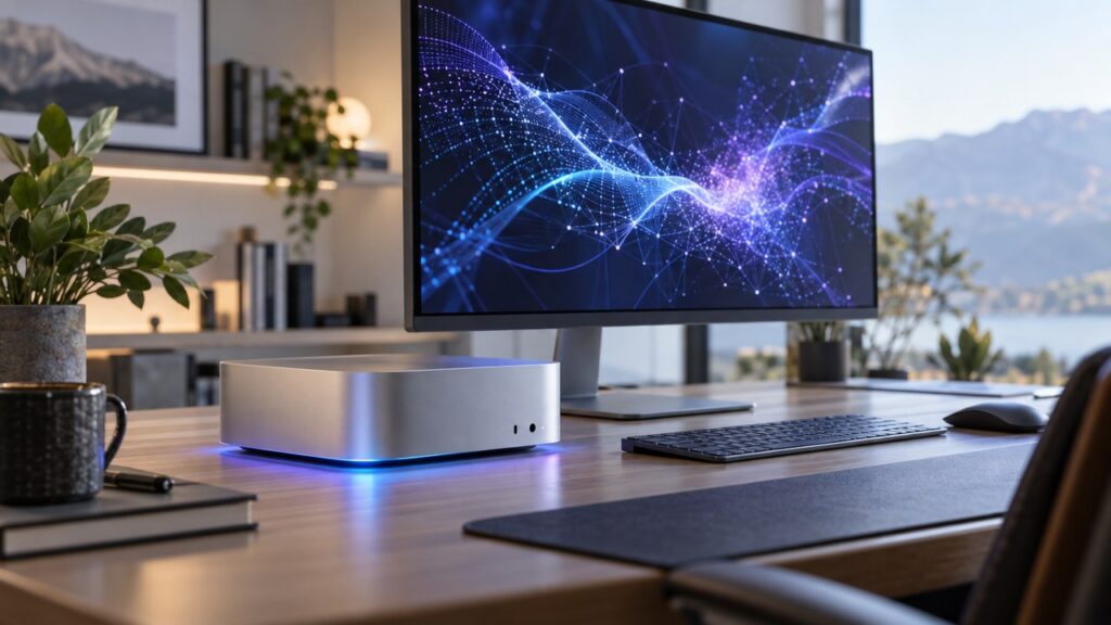 Compact Mac Studio-style desktop and large display showing a glowing AI neural network visualization.