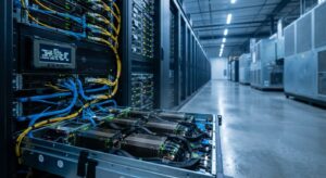 Meta AI data center server racks with GPU trays in a bright, cooled hall.
