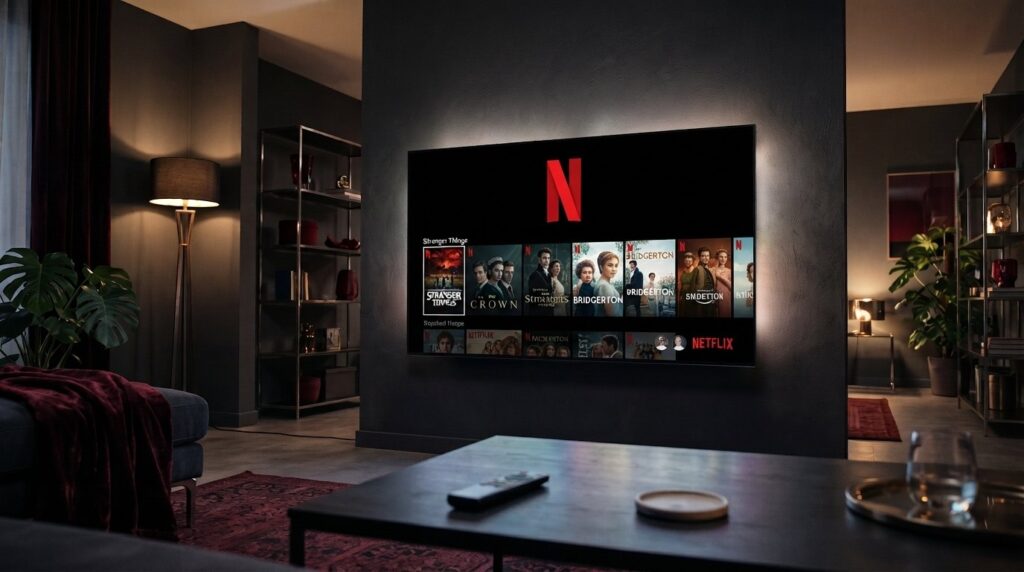 Wall-mounted TV showing the Netflix logo and a row of series thumbnails in a dimly lit living room