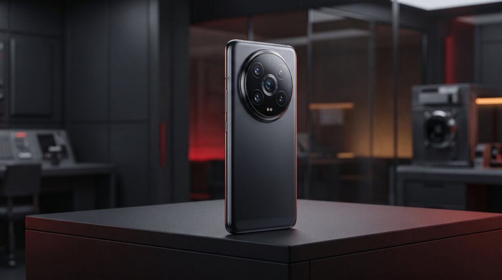 Black flagship smartphone with a large round four-lens camera module standing on a dark display plinth