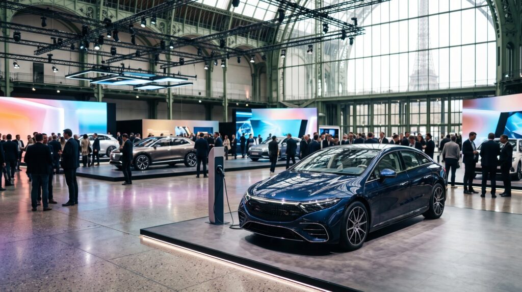 Visitors gather around a blue electric car on a charging stand at the Paris Motor Show in a glass-roofed hall
