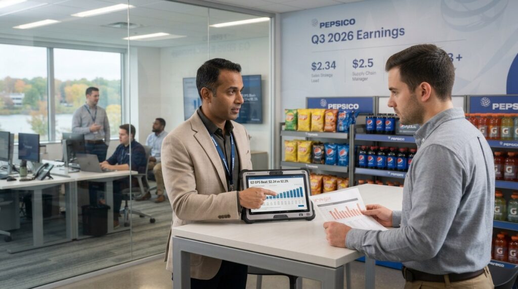 Two executives review PepsiCo Q3 2026 earnings on a tablet beside shelves of PepsiCo snacks and drinks.
