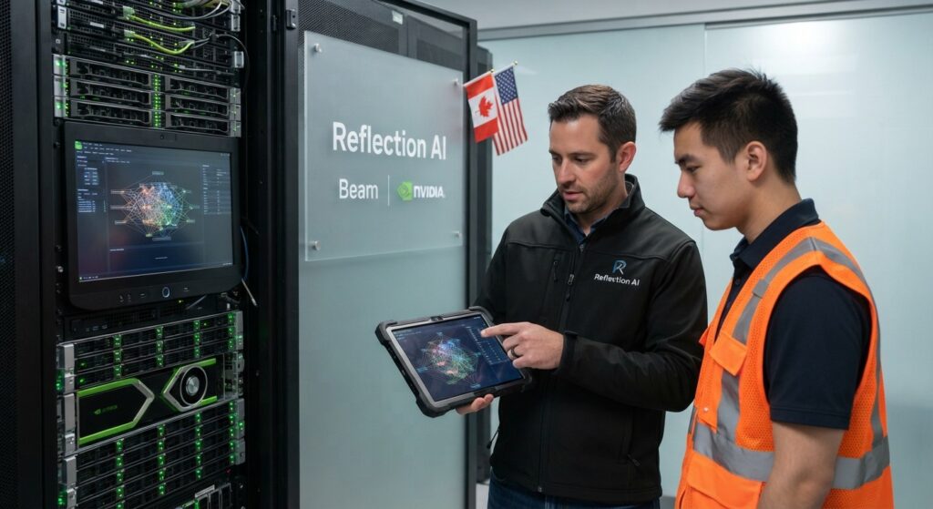 Reflection AI engineer shows a Beam model dashboard on a tablet beside an Nvidia GPU server rack.