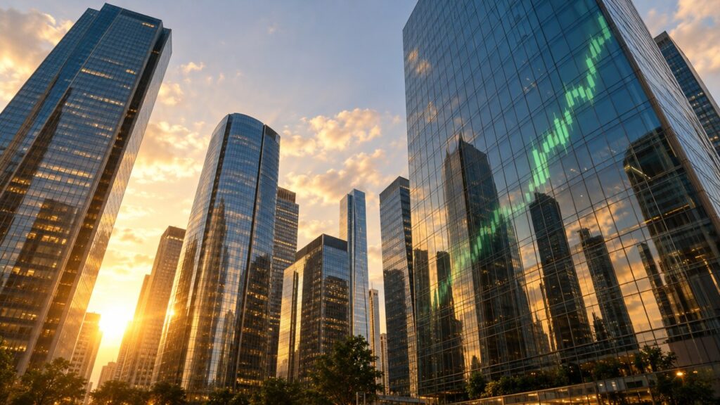 Glass bank skyscrapers at sunset with a green rising stock chart reflected in the facade.
