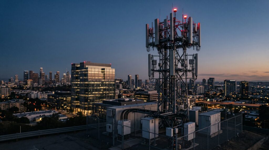 Cell tower with antennas at dusk overlooking a lit city skyline and office building