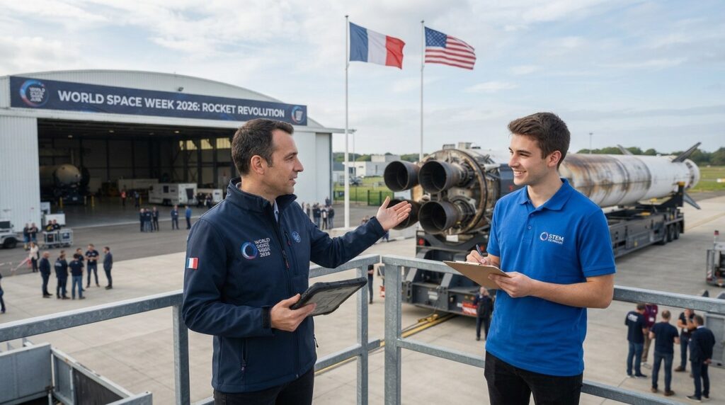 Two people talk beside a rocket booster outside a hangar with a World Space Week 2026 Rocket Revolution banner.